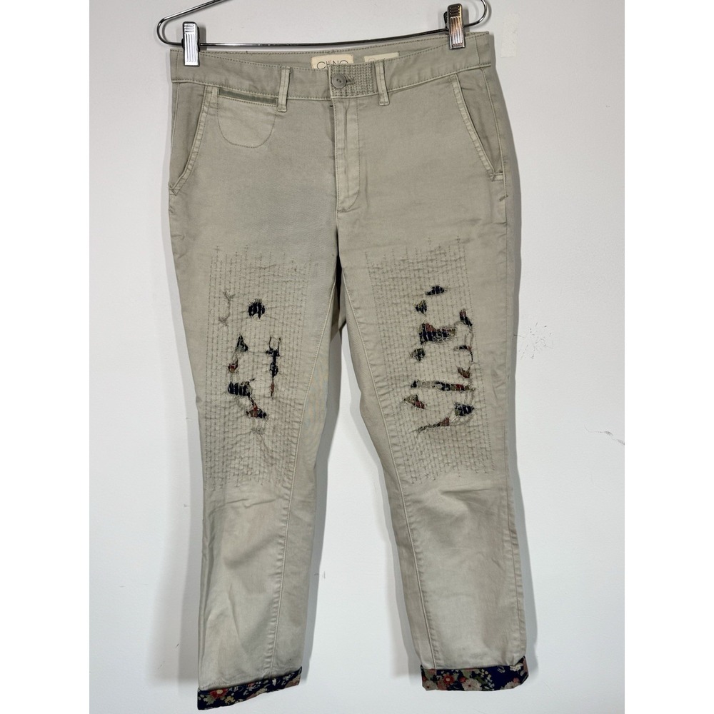 Anthropologie Relaxed Patched Chino Pants Embroidered Size‎ 27 Khaki Boho Beach